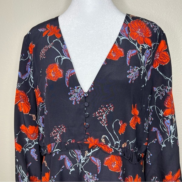 Madewell Navy Blue Windblown Poppies Floral Silk 3/4 Sleeve Ruffle Dress 14 NWT - Picture 5 of 14